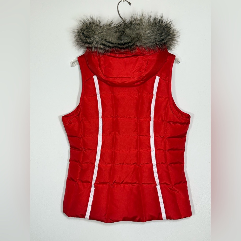 🎉HP🎉 Eddie Bauer Womens Red Orange Goose Down Puffer Vest Faux Fur Hood Size S - Picture 3 of 6